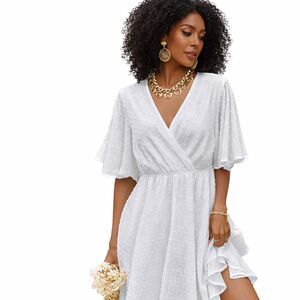 Women V Neck Short Dress Flowy Casual Swiss Dot Ruffle 2XL Babydoll NWT